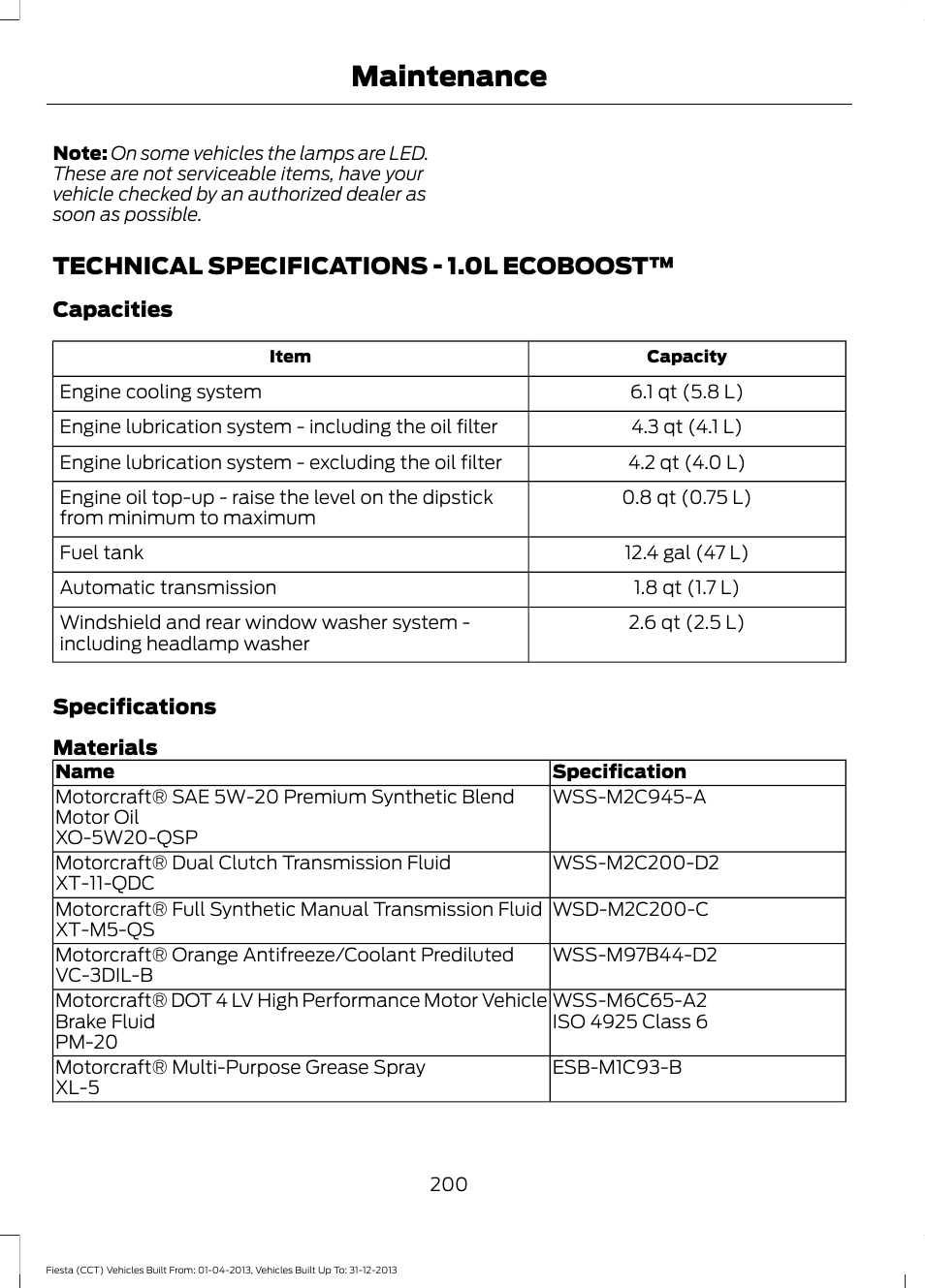 Technical specifications, Technical specifications - 1.0l, Ecoboost | Maintenance, Technical specifications - 1.0l ecoboost | FORD 2014 Fiesta v.2 User Manual | Page 203 / 398