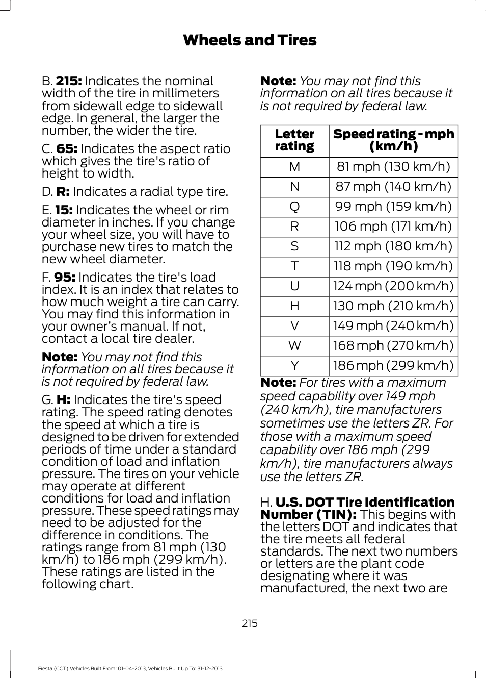 Wheels and tires | FORD 2014 Fiesta v.2 User Manual | Page 218 / 398