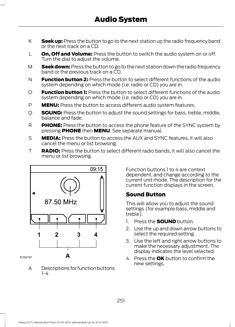 Audio system, A1 2 3 4 | FORD 2014 Fiesta v.2 User Manual | Page 254 / 398