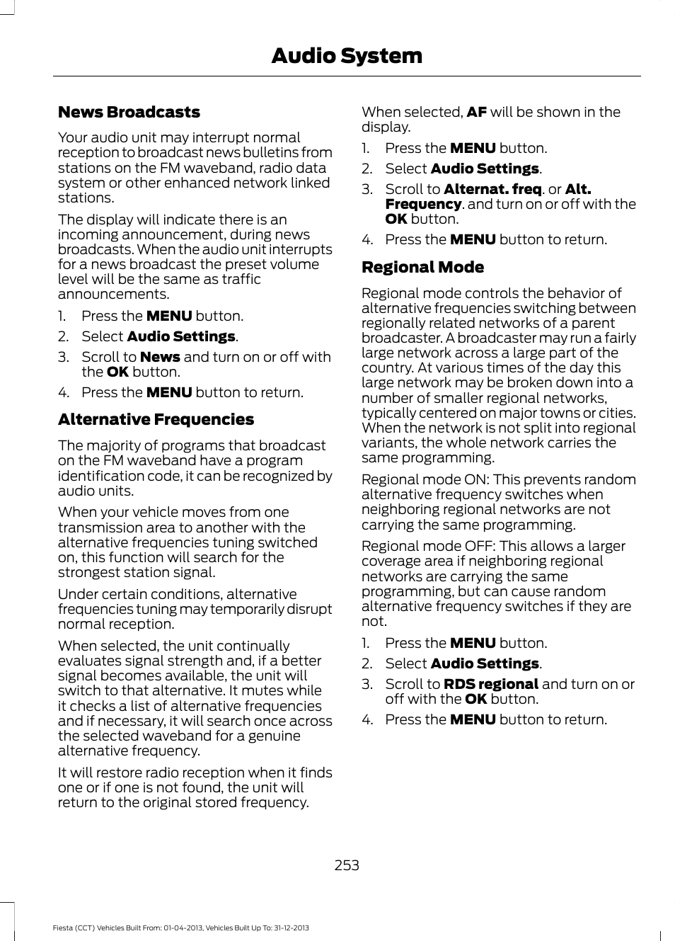 Audio system | FORD 2014 Fiesta v.2 User Manual | Page 256 / 398
