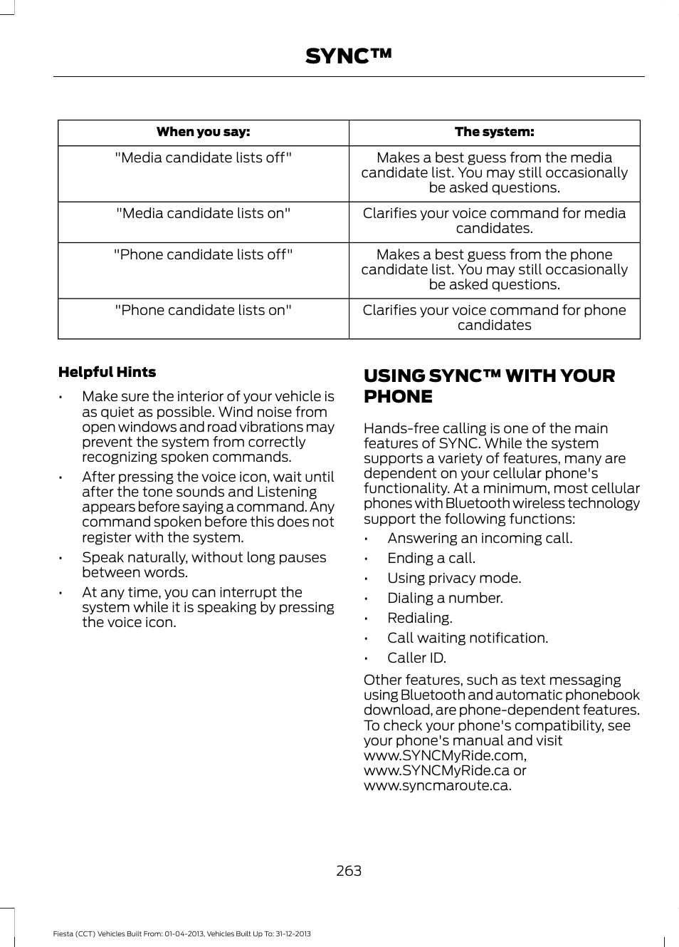 Using sync™ with your phone, Sync | FORD 2014 Fiesta v.2 User Manual | Page 266 / 398