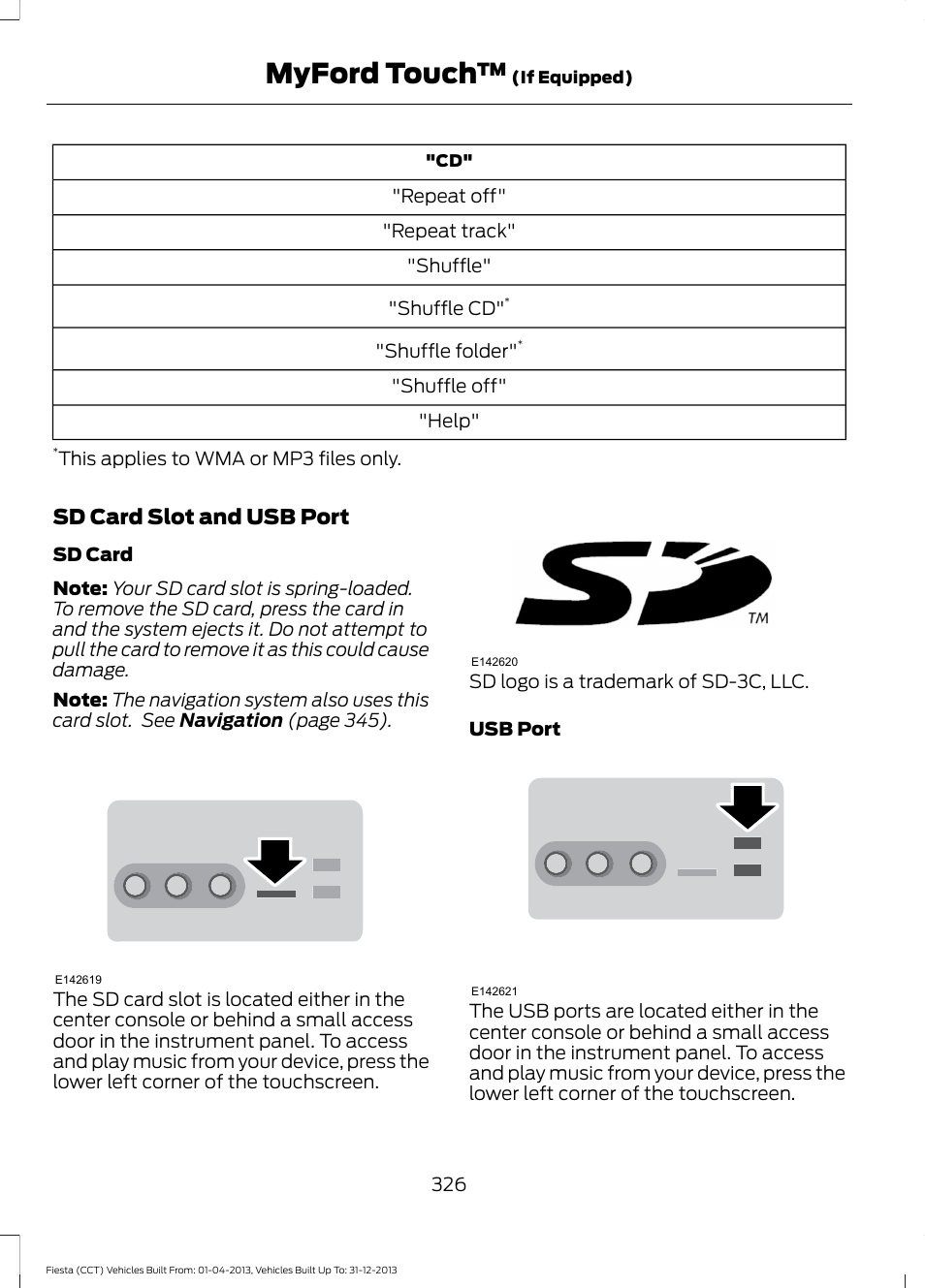 Myford touch, Sd card slot and usb port | FORD 2014 Fiesta v.2 User Manual | Page 329 / 398