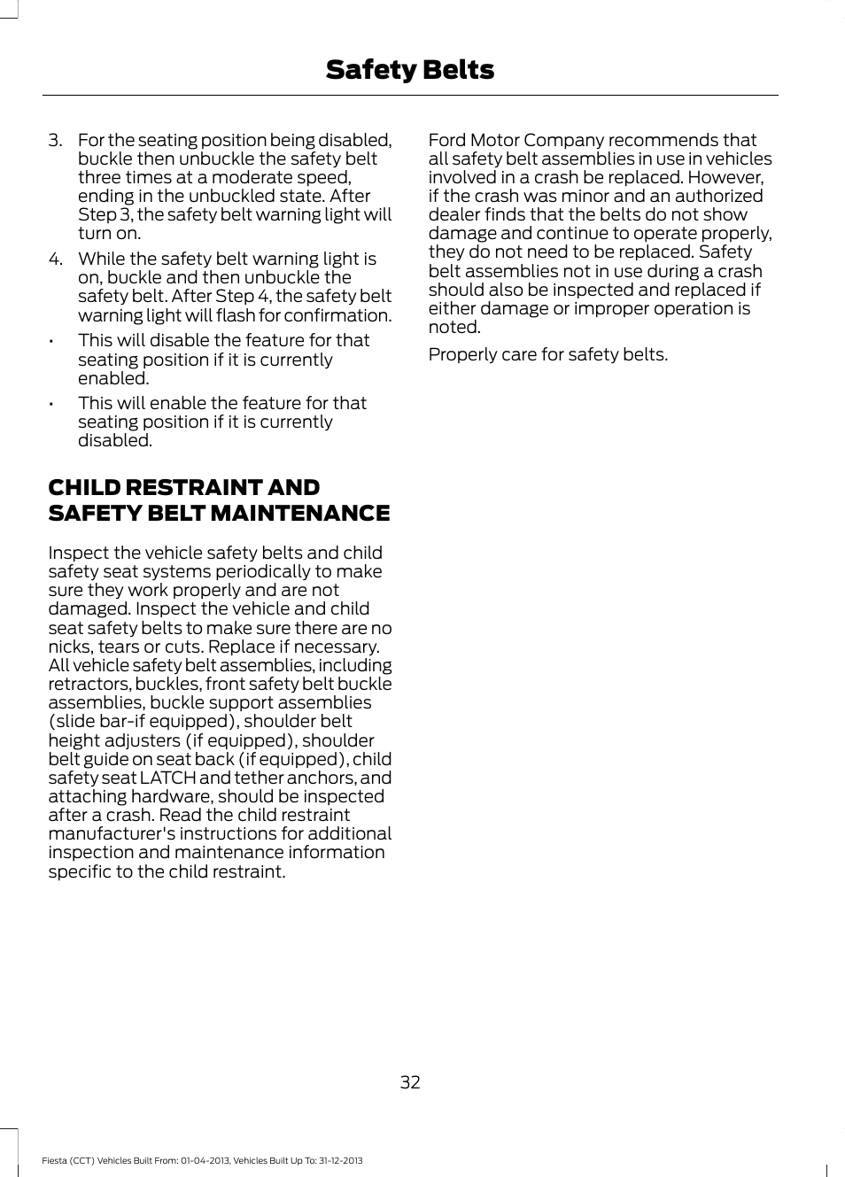 Child restraint and safety belt maintenance, Child restraint and safety belt, Maintenance | Safety belts | FORD 2014 Fiesta v.2 User Manual | Page 35 / 398