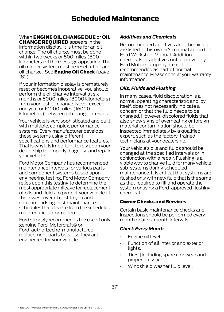 Scheduled maintenance | FORD 2014 Fiesta v.2 User Manual | Page 374 / 398