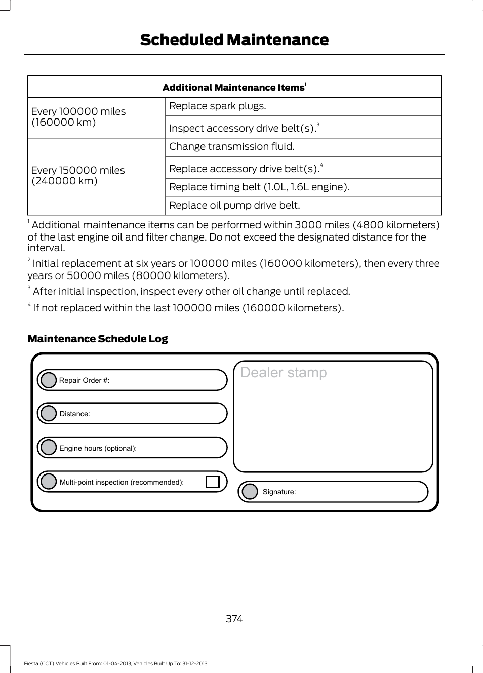 Dealer stamp, Scheduled maintenance | FORD 2014 Fiesta v.2 User Manual | Page 377 / 398