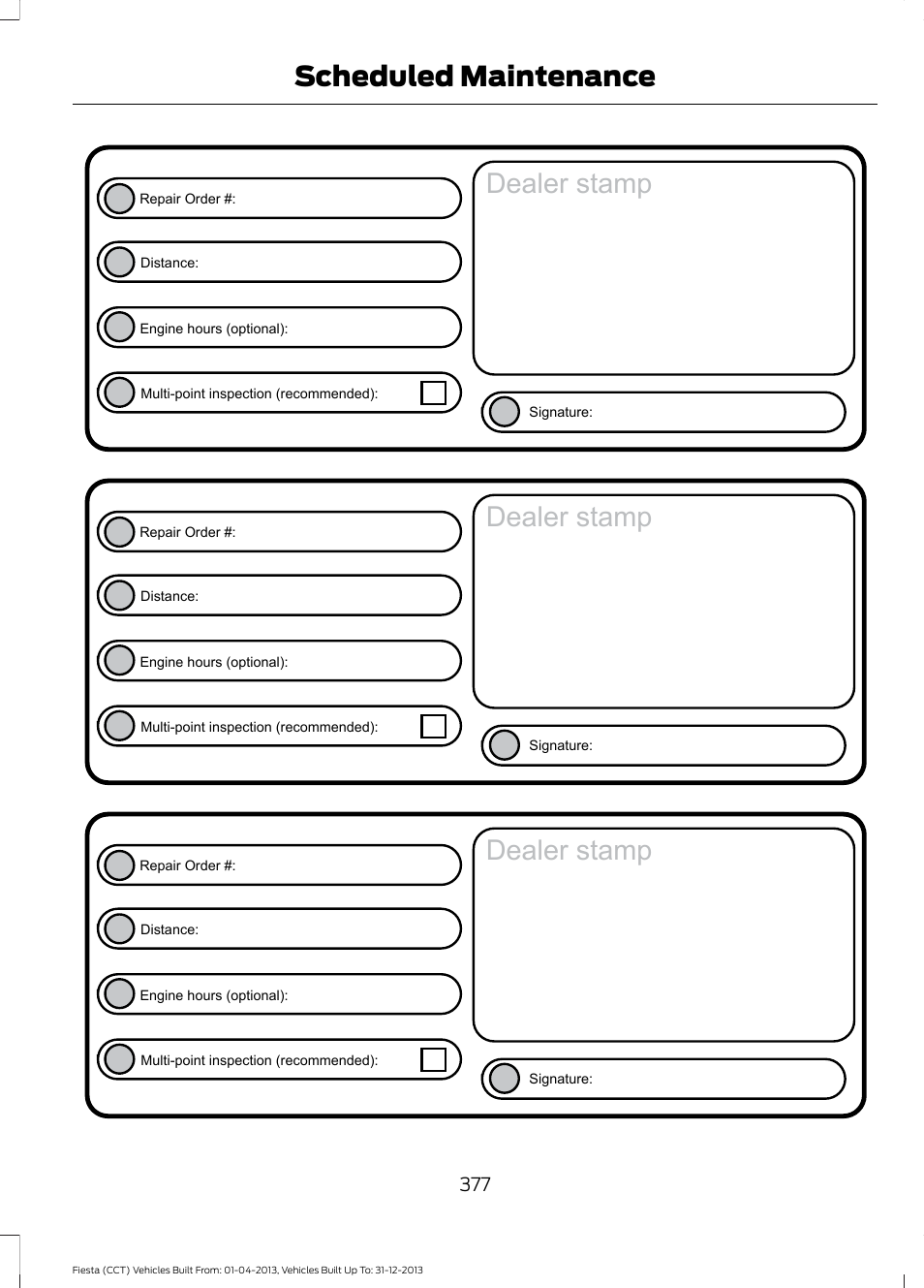 Dealer stamp, Scheduled maintenance | FORD 2014 Fiesta v.2 User Manual | Page 380 / 398