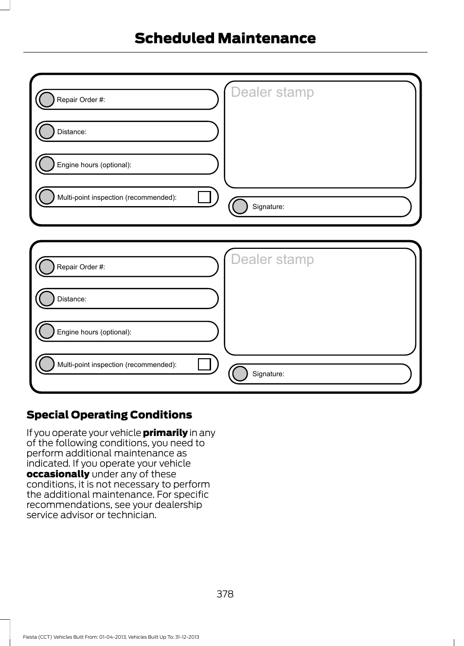 Dealer stamp, Scheduled maintenance, Special operating conditions | FORD 2014 Fiesta v.2 User Manual | Page 381 / 398