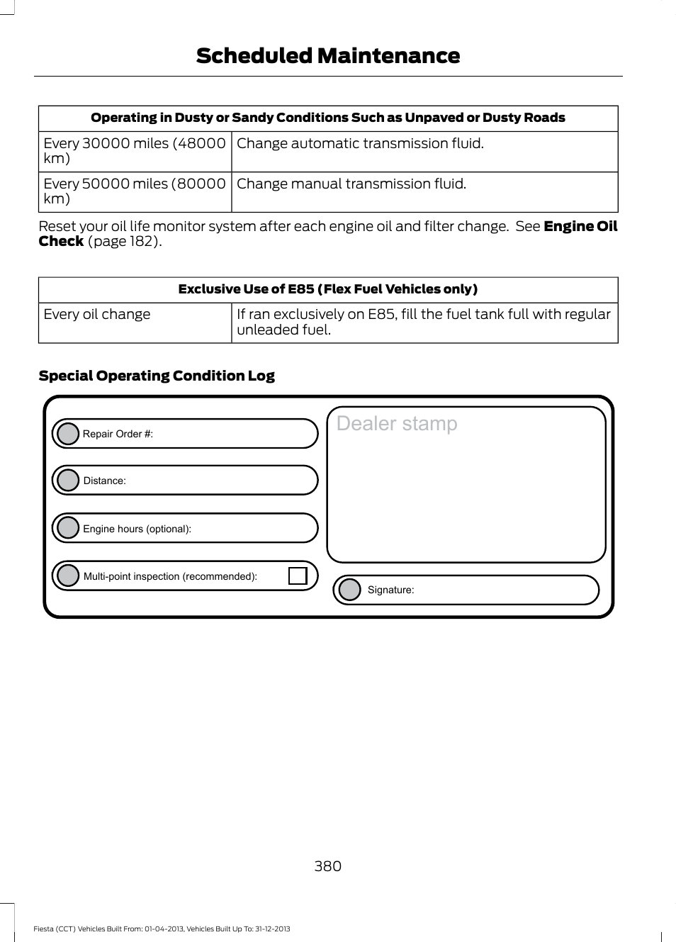 Dealer stamp, Scheduled maintenance | FORD 2014 Fiesta v.2 User Manual | Page 383 / 398