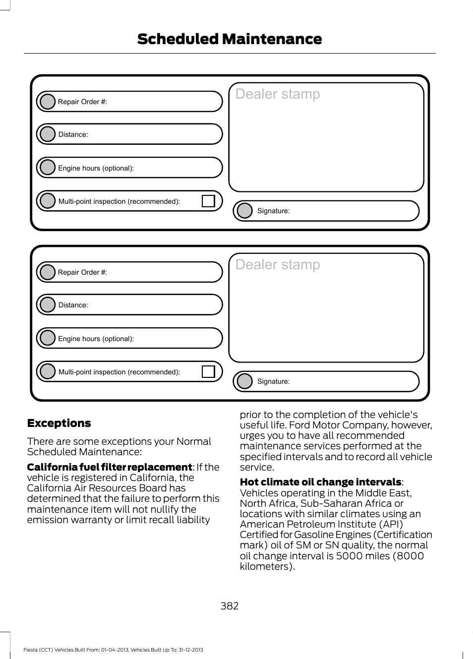 Dealer stamp, Scheduled maintenance, Exceptions | FORD 2014 Fiesta v.2 User Manual | Page 385 / 398