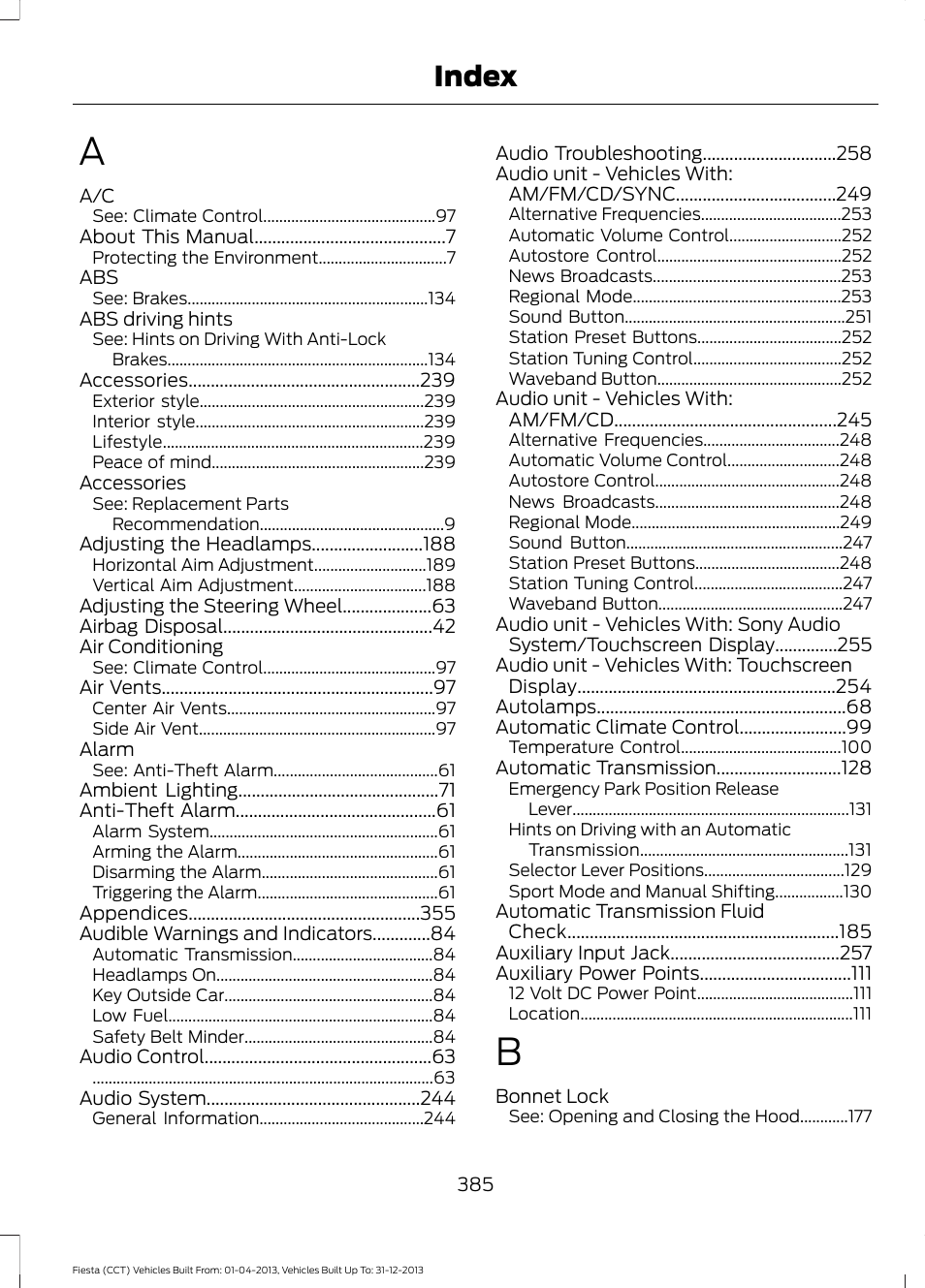 Index | FORD 2014 Fiesta v.2 User Manual | Page 388 / 398