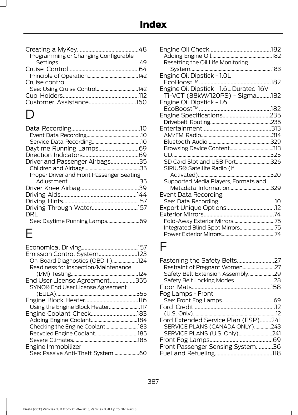 Index | FORD 2014 Fiesta v.2 User Manual | Page 390 / 398