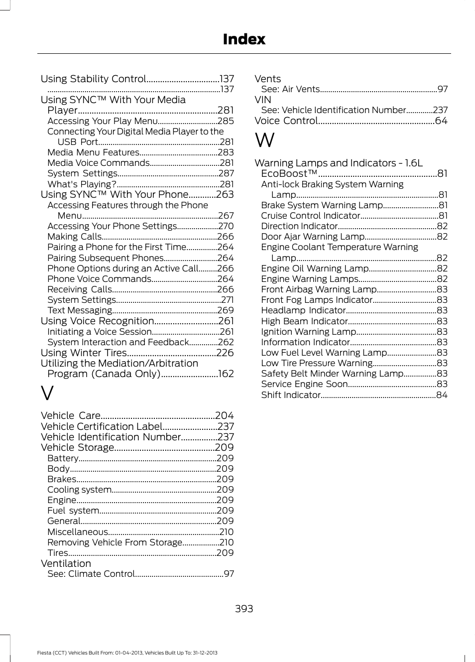 Index | FORD 2014 Fiesta v.2 User Manual | Page 396 / 398