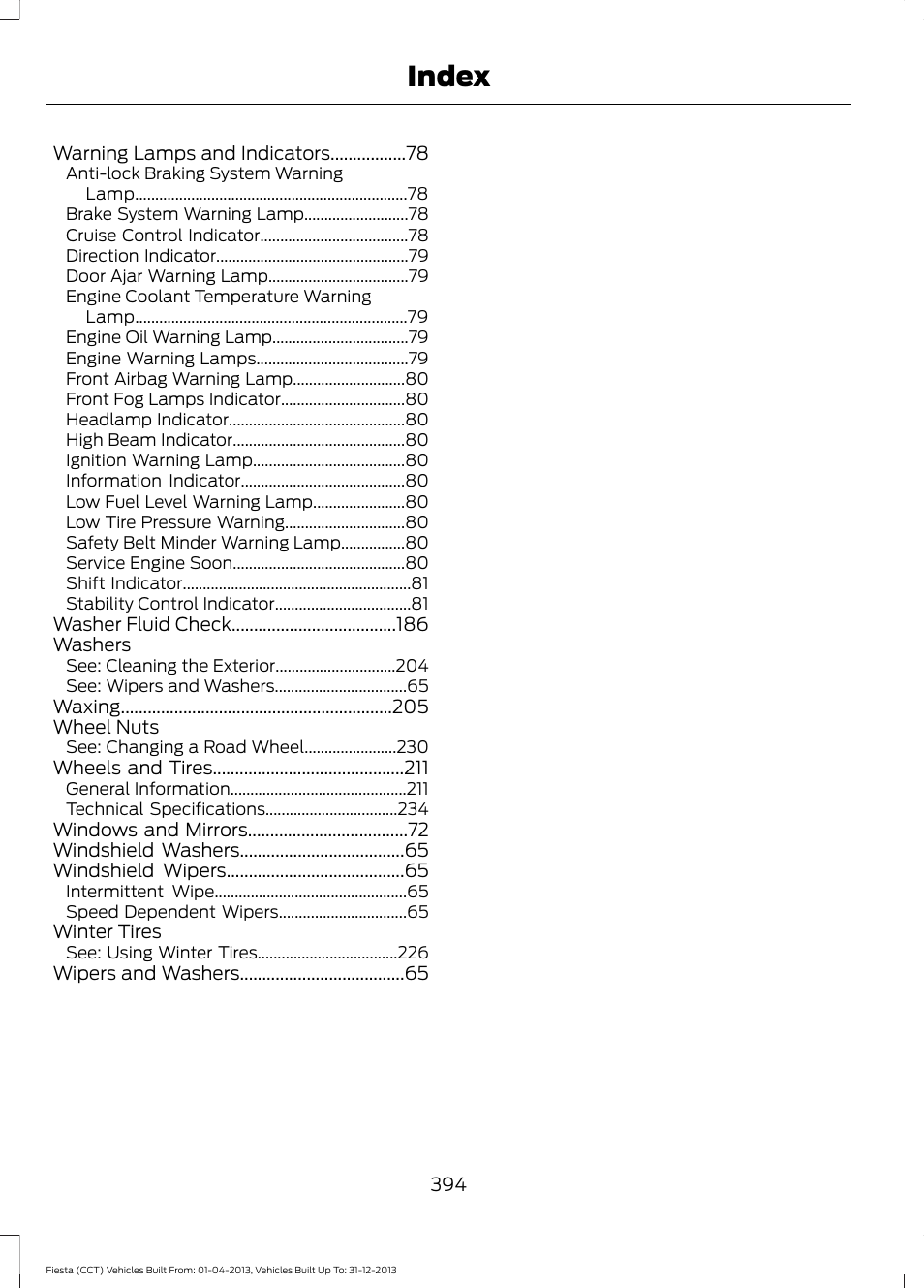 Index | FORD 2014 Fiesta v.2 User Manual | Page 397 / 398
