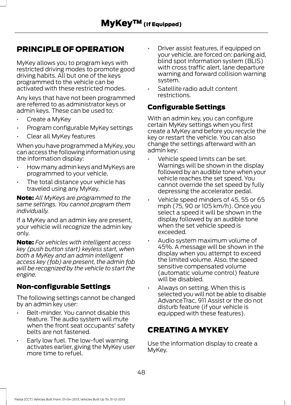 Mykey, Principle of operation, Creating a mykey | Principle of operation creating a mykey | FORD 2014 Fiesta v.2 User Manual | Page 51 / 398