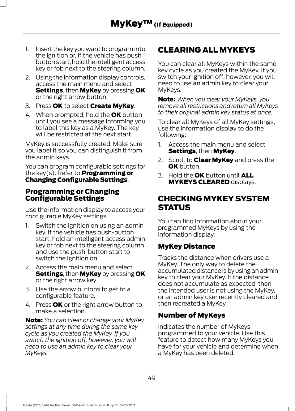 Clearing all mykeys, Checking mykey system status, Clearing all mykeys checking mykey system status | Mykey | FORD 2014 Fiesta v.2 User Manual | Page 52 / 398