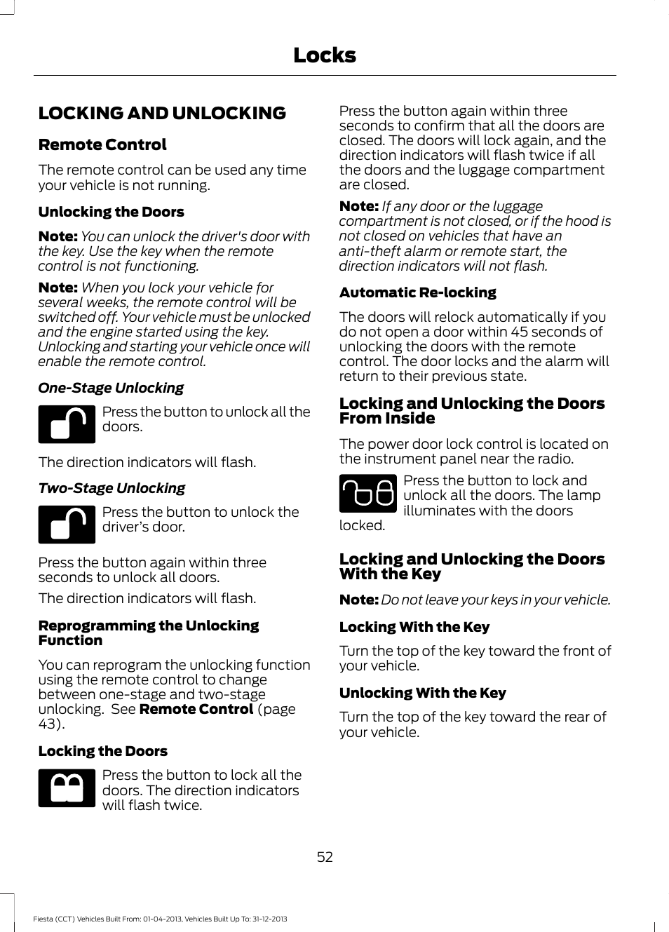 Locks, Locking and unlocking | FORD 2014 Fiesta v.2 User Manual | Page 55 / 398