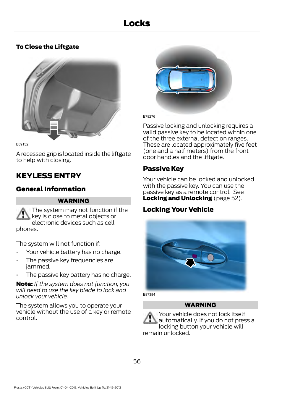 Keyless entry, Locks | FORD 2014 Fiesta v.2 User Manual | Page 59 / 398