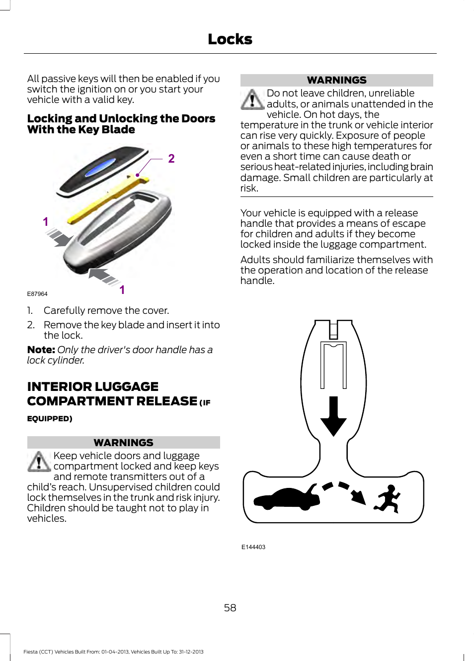 Interior luggage compartment release, Interior luggage compartment, Release | Locks | FORD 2014 Fiesta v.2 User Manual | Page 61 / 398