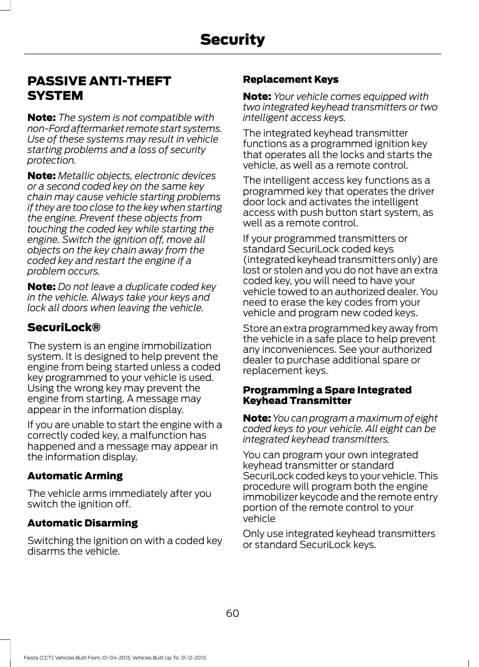 Security, Passive anti-theft system | FORD 2014 Fiesta v.2 User Manual | Page 63 / 398