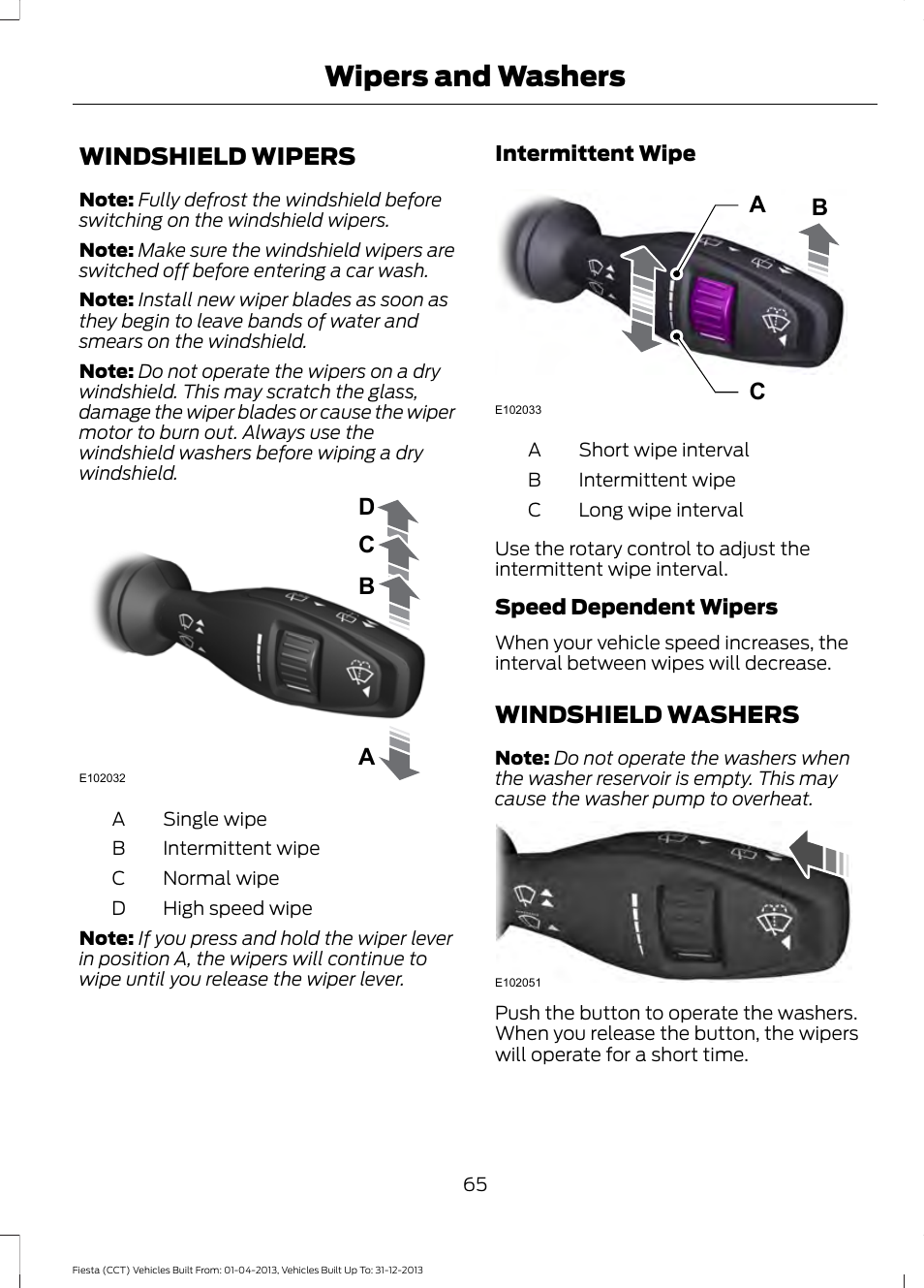Wipers and washers, Windshield wipers, Windshield washers | Ba c d, Ab c | FORD 2014 Fiesta v.2 User Manual | Page 68 / 398
