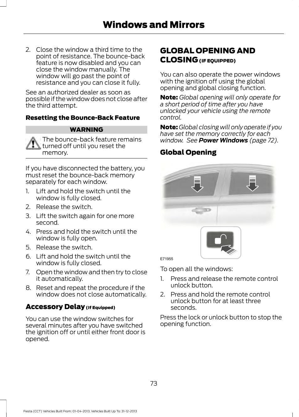 Global opening and closing, Windows and mirrors | FORD 2014 Fiesta v.2 User Manual | Page 76 / 398