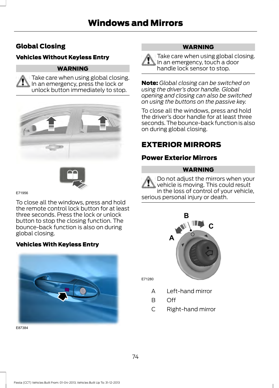 Exterior mirrors, Windows and mirrors, Bc a | FORD 2014 Fiesta v.2 User Manual | Page 77 / 398