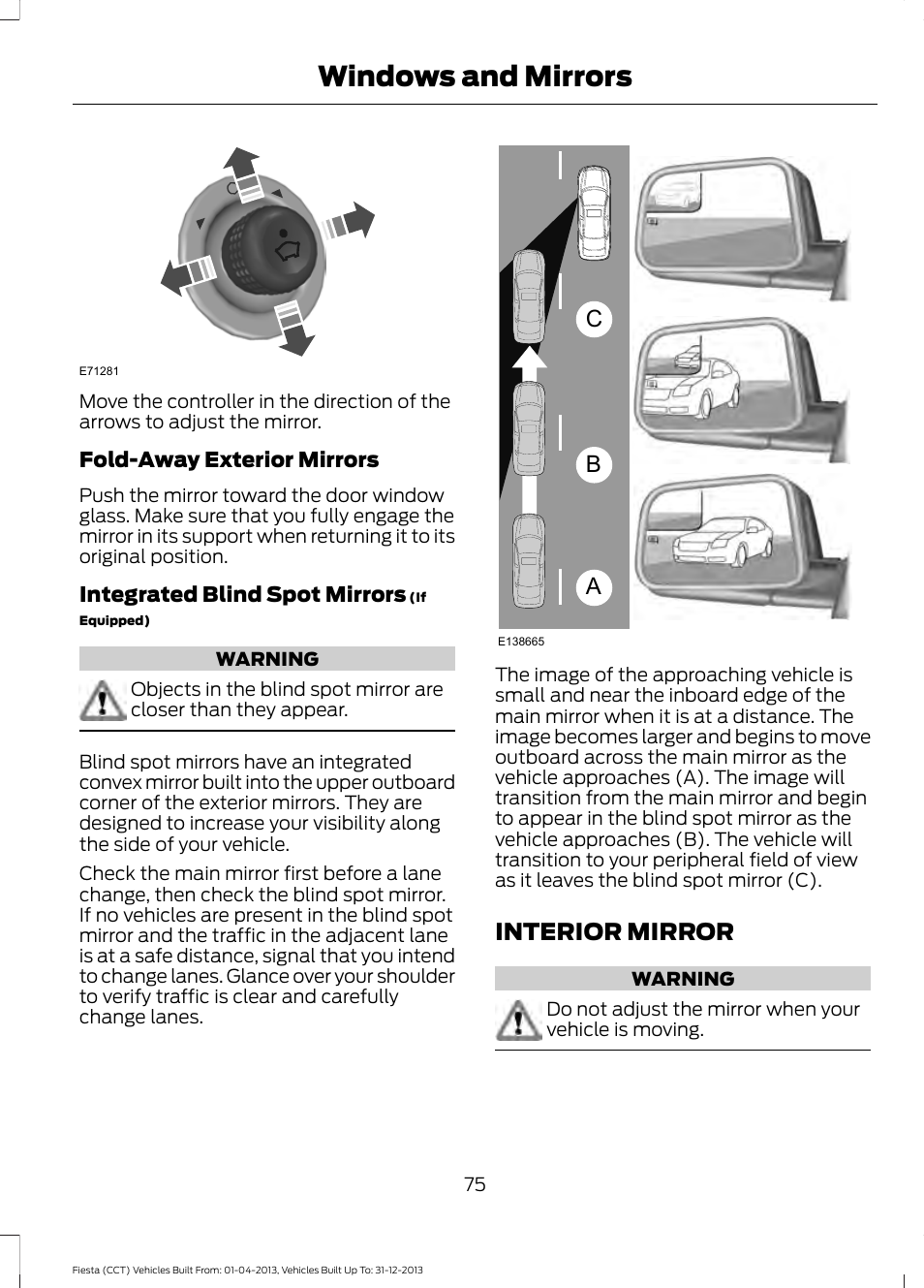 Interior mirror, Windows and mirrors, Ab c | FORD 2014 Fiesta v.2 User Manual | Page 78 / 398