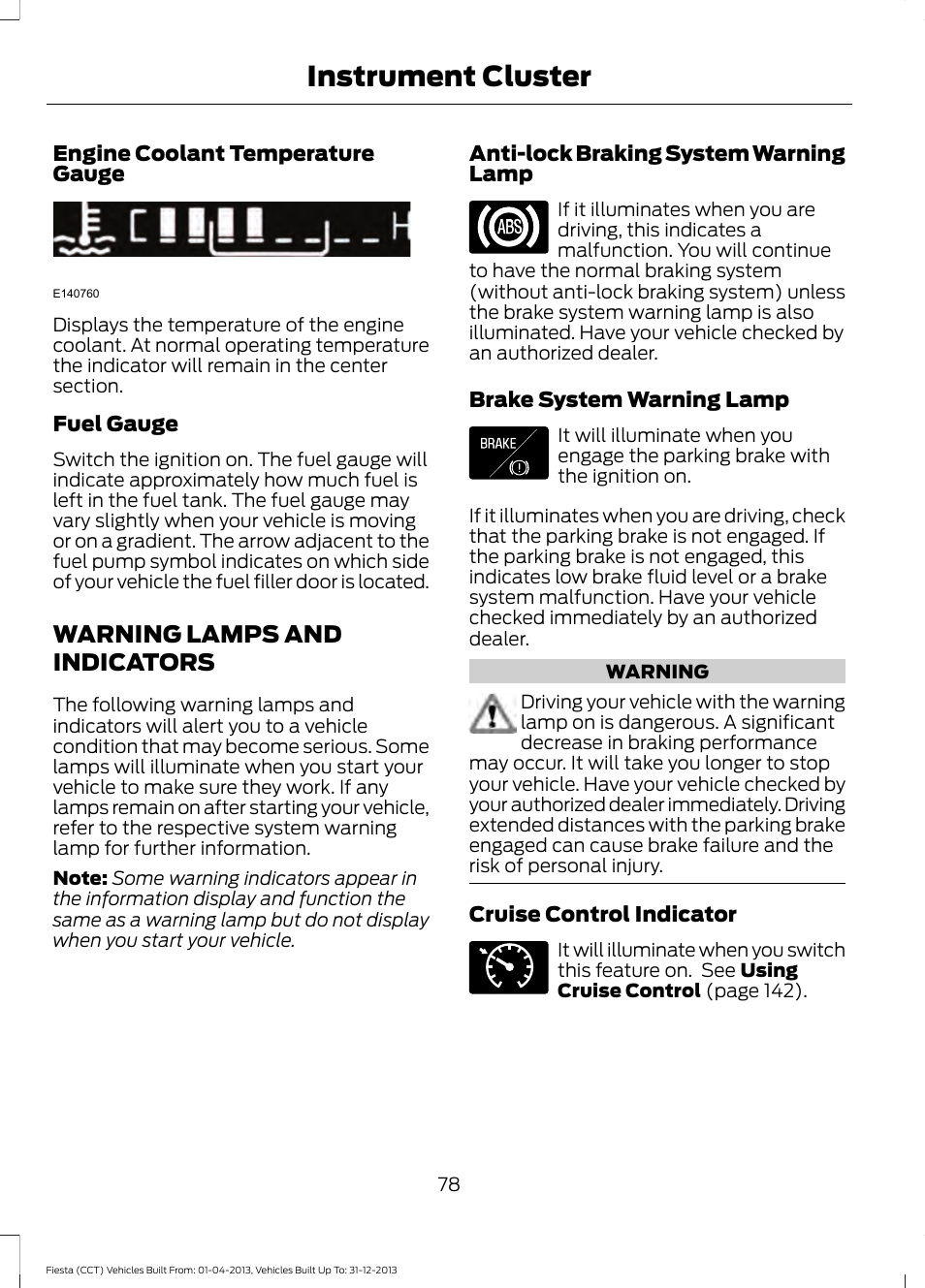 Warning lamps and indicators, Instrument cluster | FORD 2014 Fiesta v.2 User Manual | Page 81 / 398