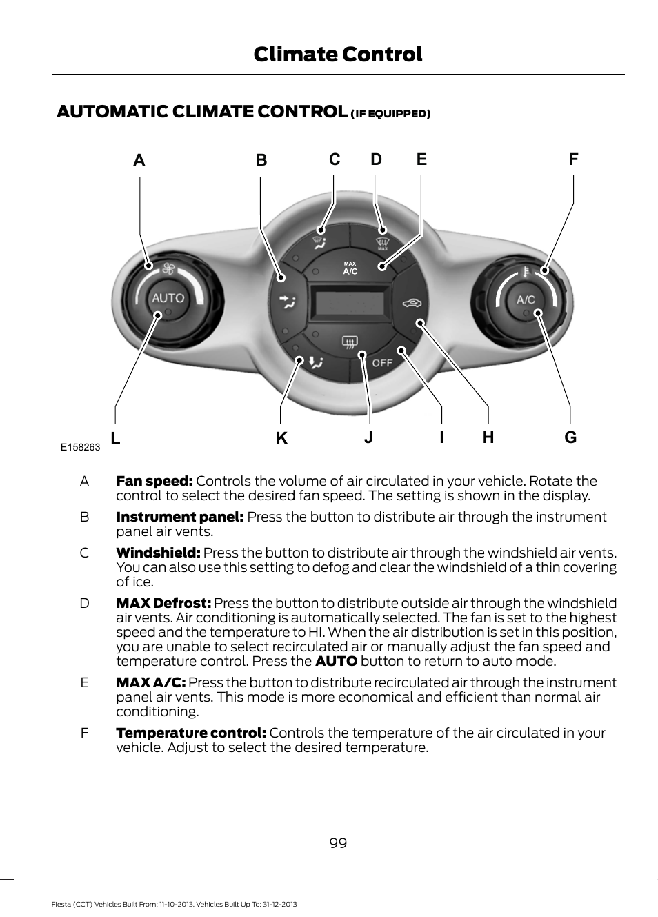Automatic climate control, Climate control | FORD 2014 Fiesta v.3 User Manual | Page 102 / 400