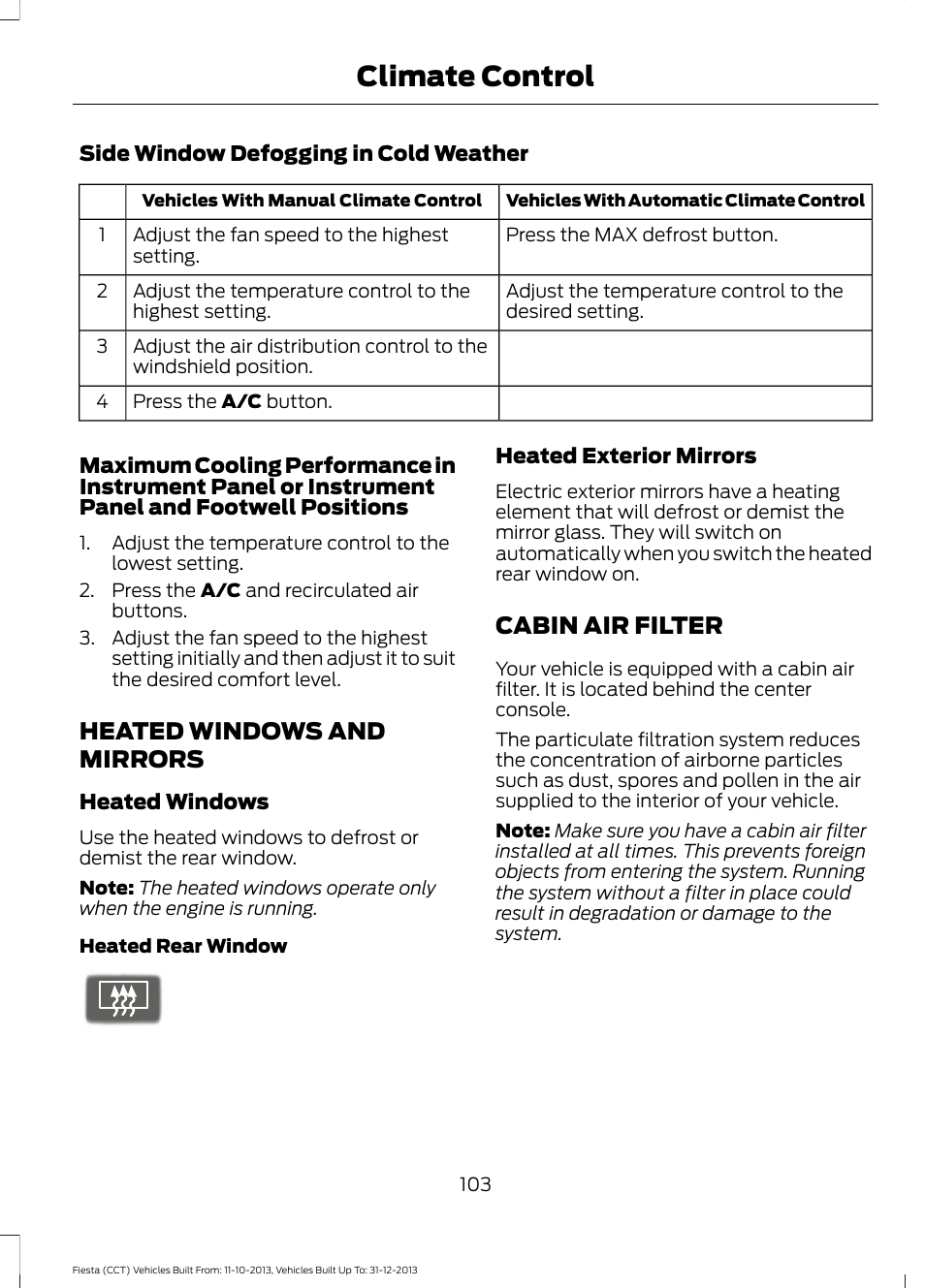 Heated windows and mirrors, Cabin air filter, Heated windows and mirrors cabin air filter | Climate control | FORD 2014 Fiesta v.3 User Manual | Page 106 / 400