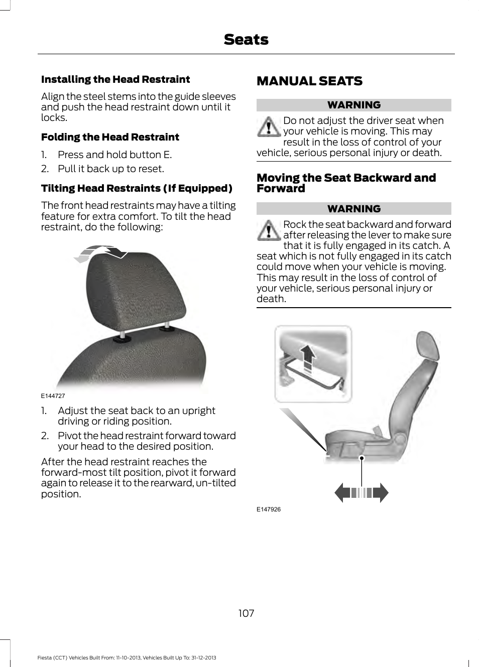 Manual seats, Seats | FORD 2014 Fiesta v.3 User Manual | Page 110 / 400