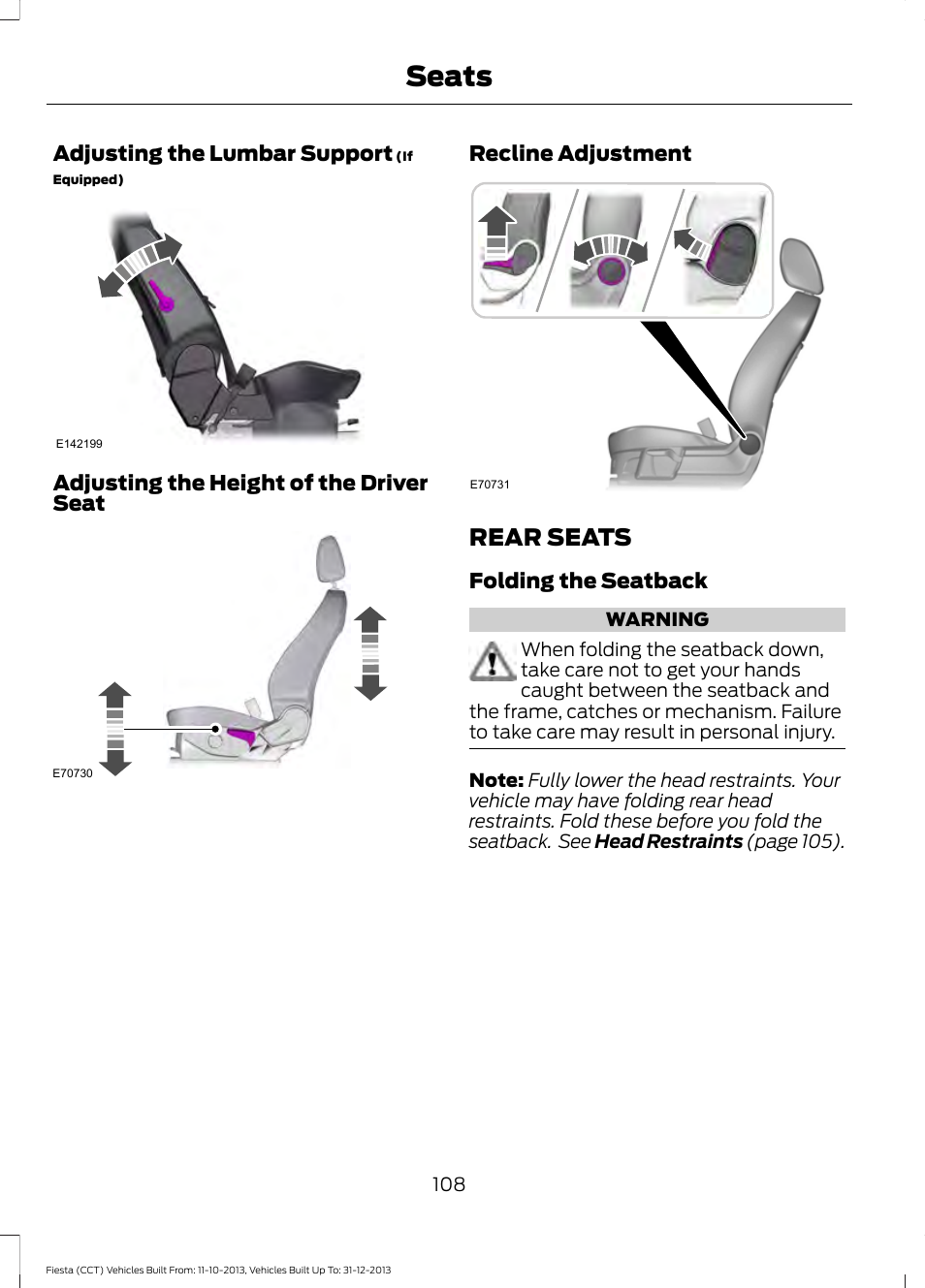 Rear seats, Seats | FORD 2014 Fiesta v.3 User Manual | Page 111 / 400