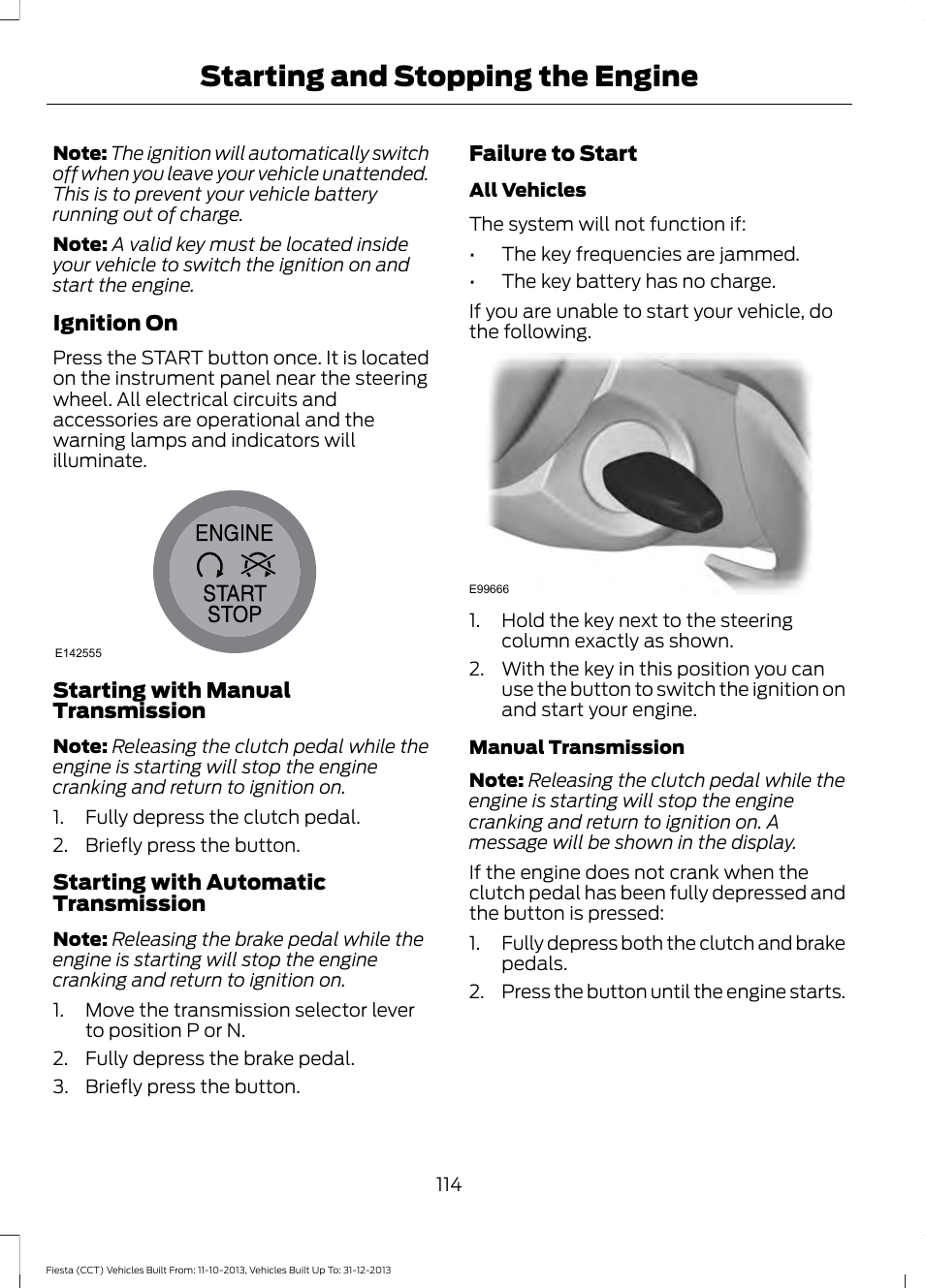 Starting and stopping the engine | FORD 2014 Fiesta v.3 User Manual | Page 117 / 400