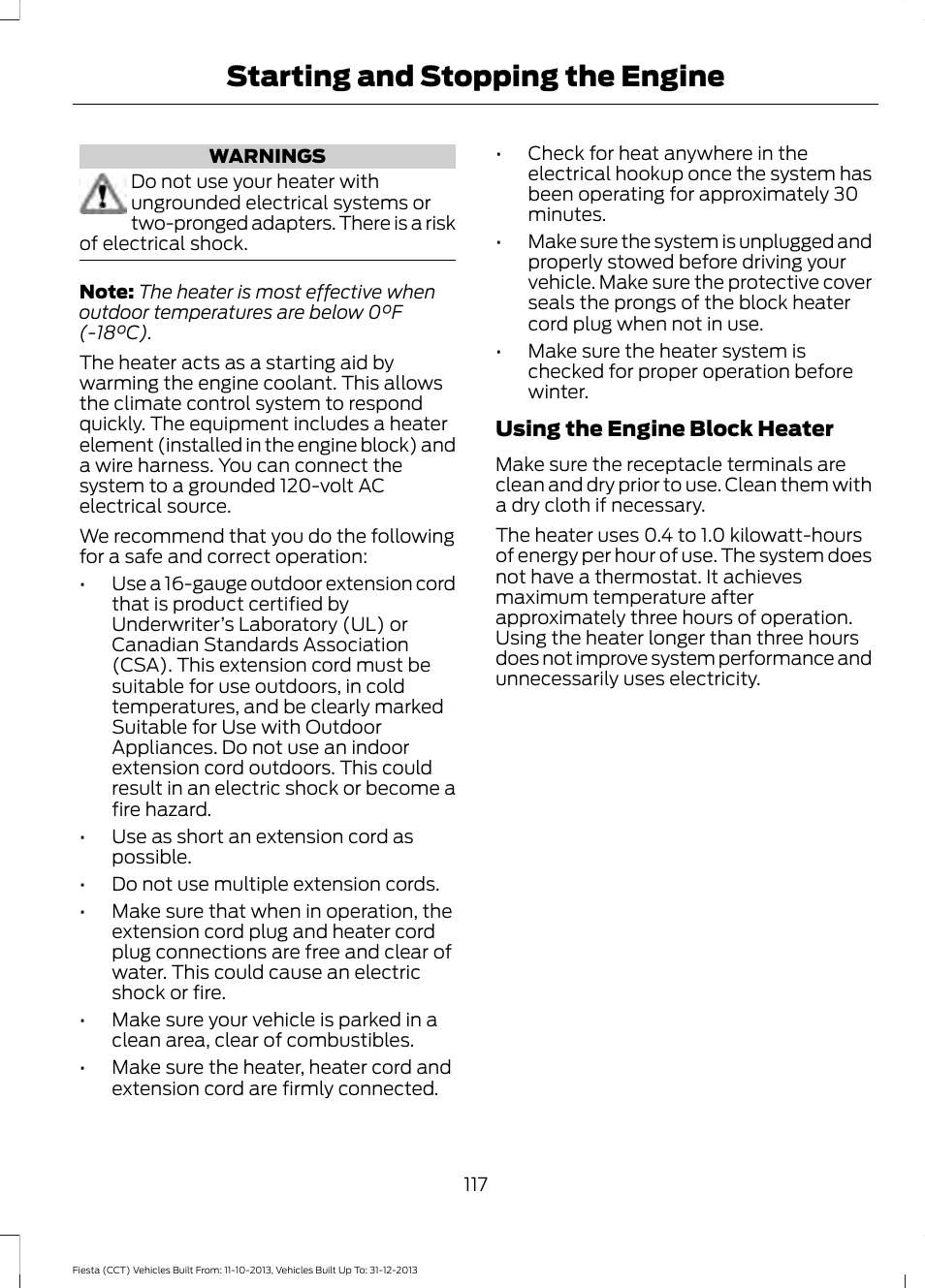 Starting and stopping the engine | FORD 2014 Fiesta v.3 User Manual | Page 120 / 400