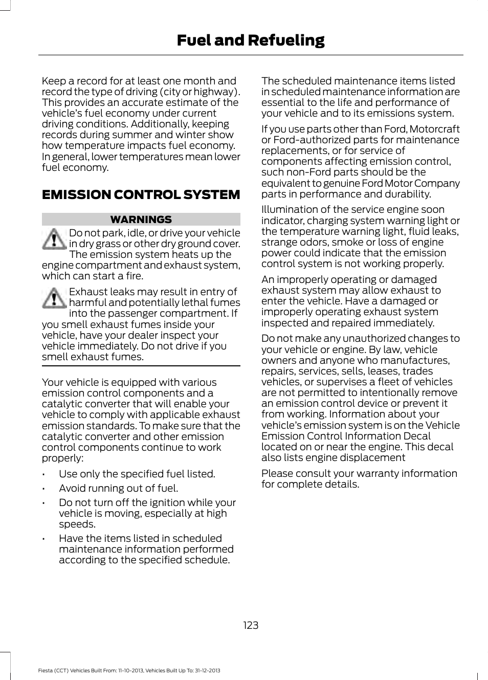 Emission control system, Fuel and refueling | FORD 2014 Fiesta v.3 User Manual | Page 126 / 400