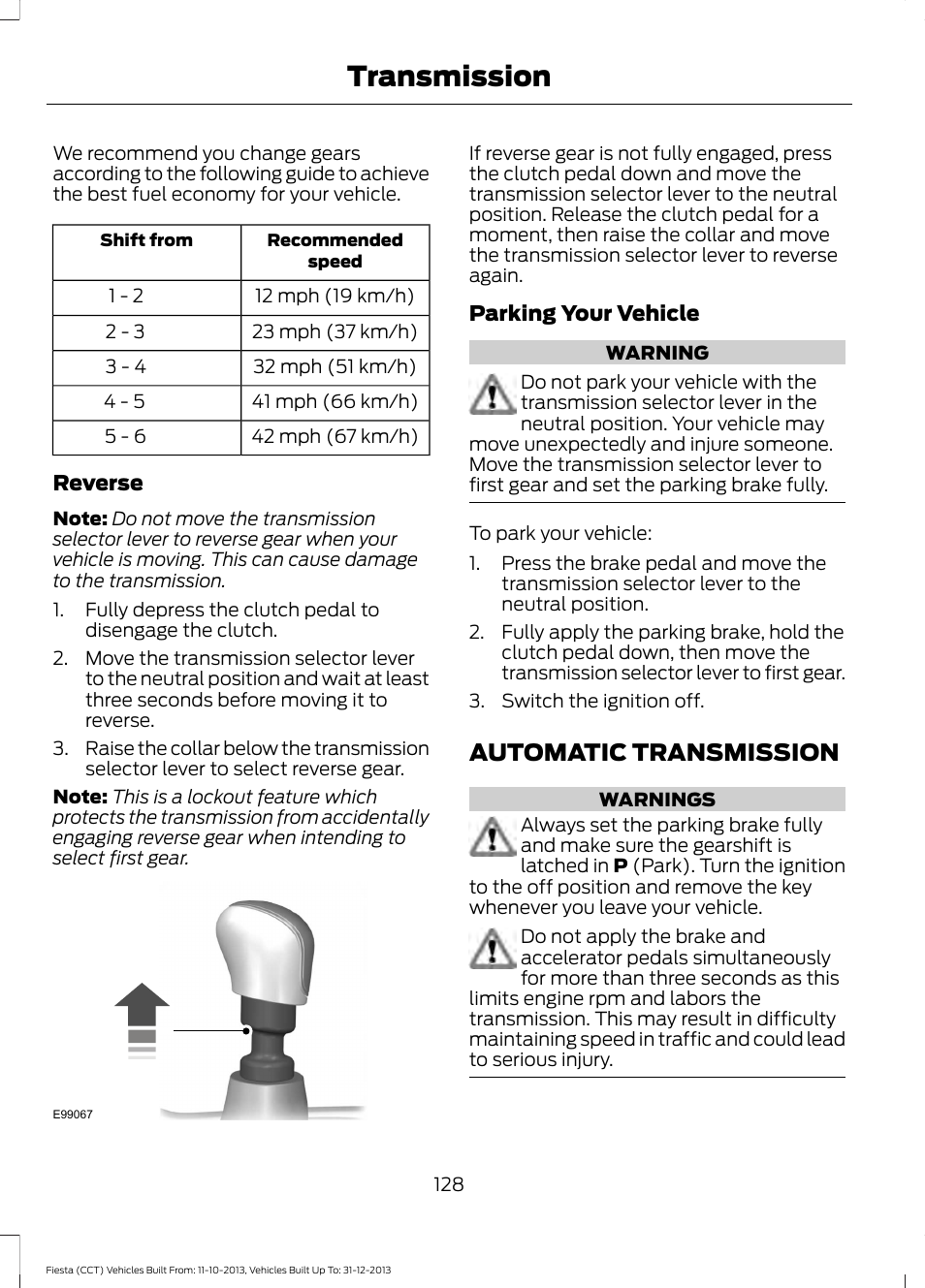 Automatic transmission, Transmission | FORD 2014 Fiesta v.3 User Manual | Page 131 / 400