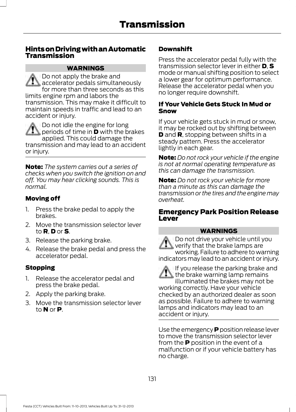 Transmission | FORD 2014 Fiesta v.3 User Manual | Page 134 / 400