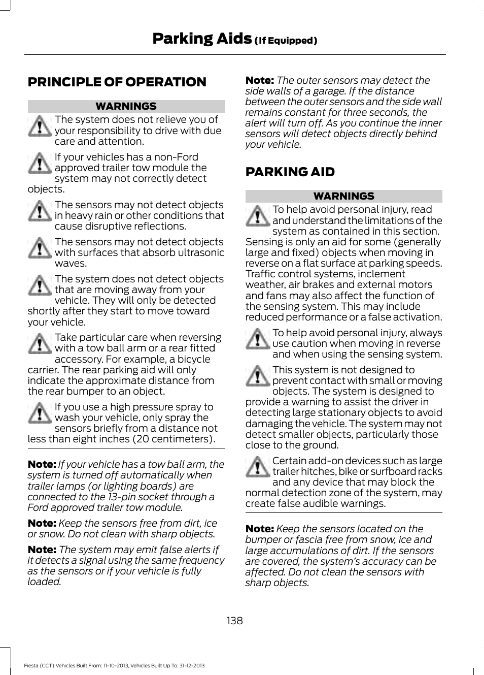 Parking aids, Principle of operation, Parking aid | Principle of operation parking aid | FORD 2014 Fiesta v.3 User Manual | Page 141 / 400