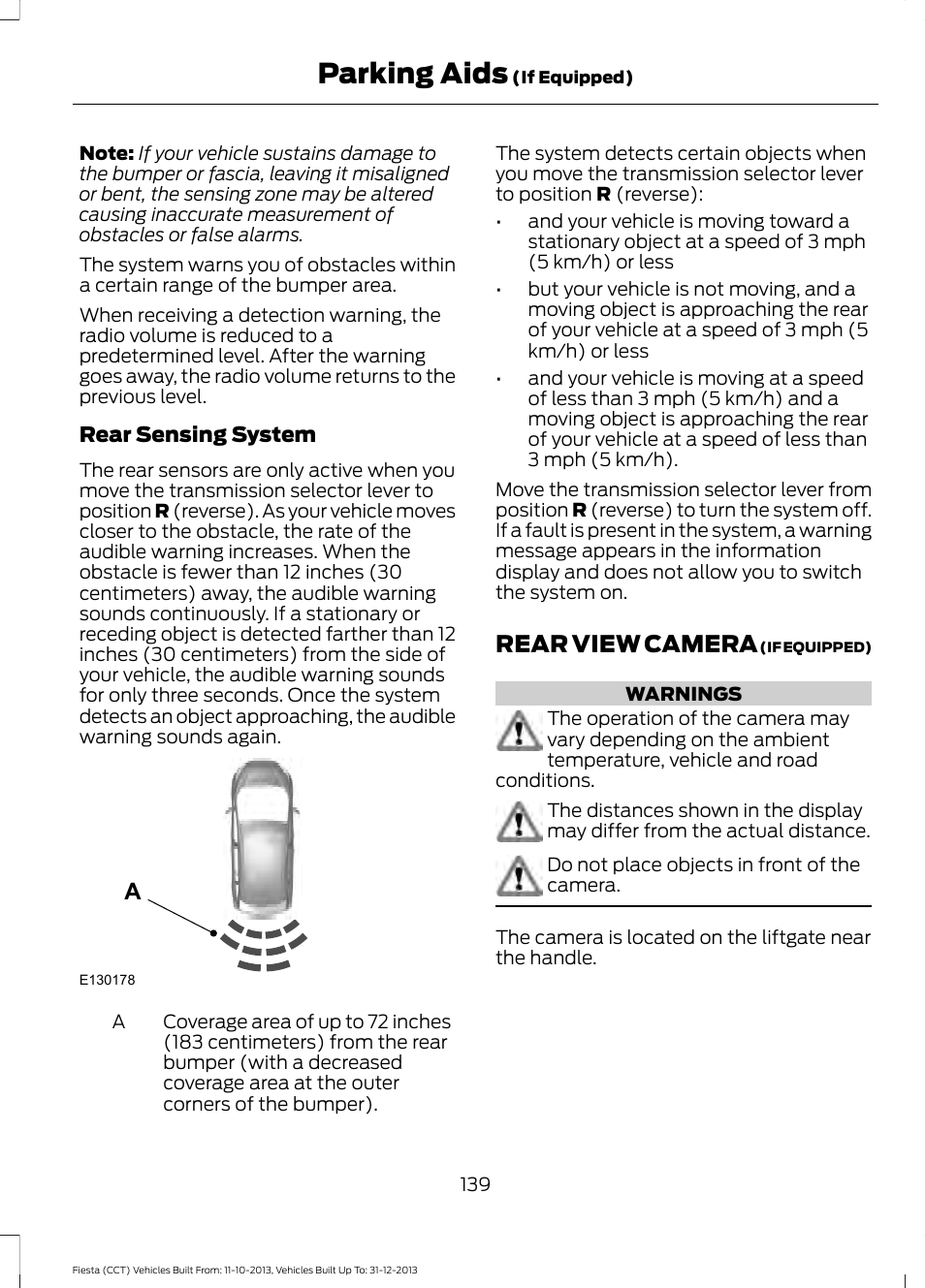 Rear view camera, Parking aids | FORD 2014 Fiesta v.3 User Manual | Page 142 / 400