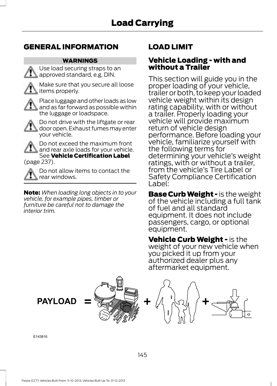 Load carrying, General information, Load limit | General information load limit, Payload | FORD 2014 Fiesta v.3 User Manual | Page 148 / 400