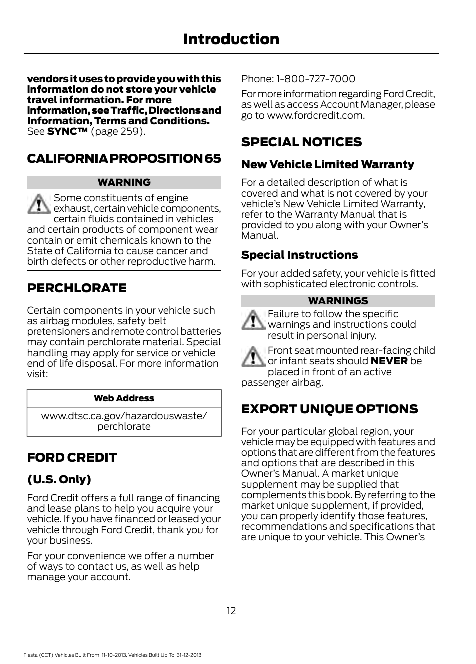 California proposition 65, Perchlorate, Ford credit | Special notices, Export unique options, Introduction | FORD 2014 Fiesta v.3 User Manual | Page 15 / 400
