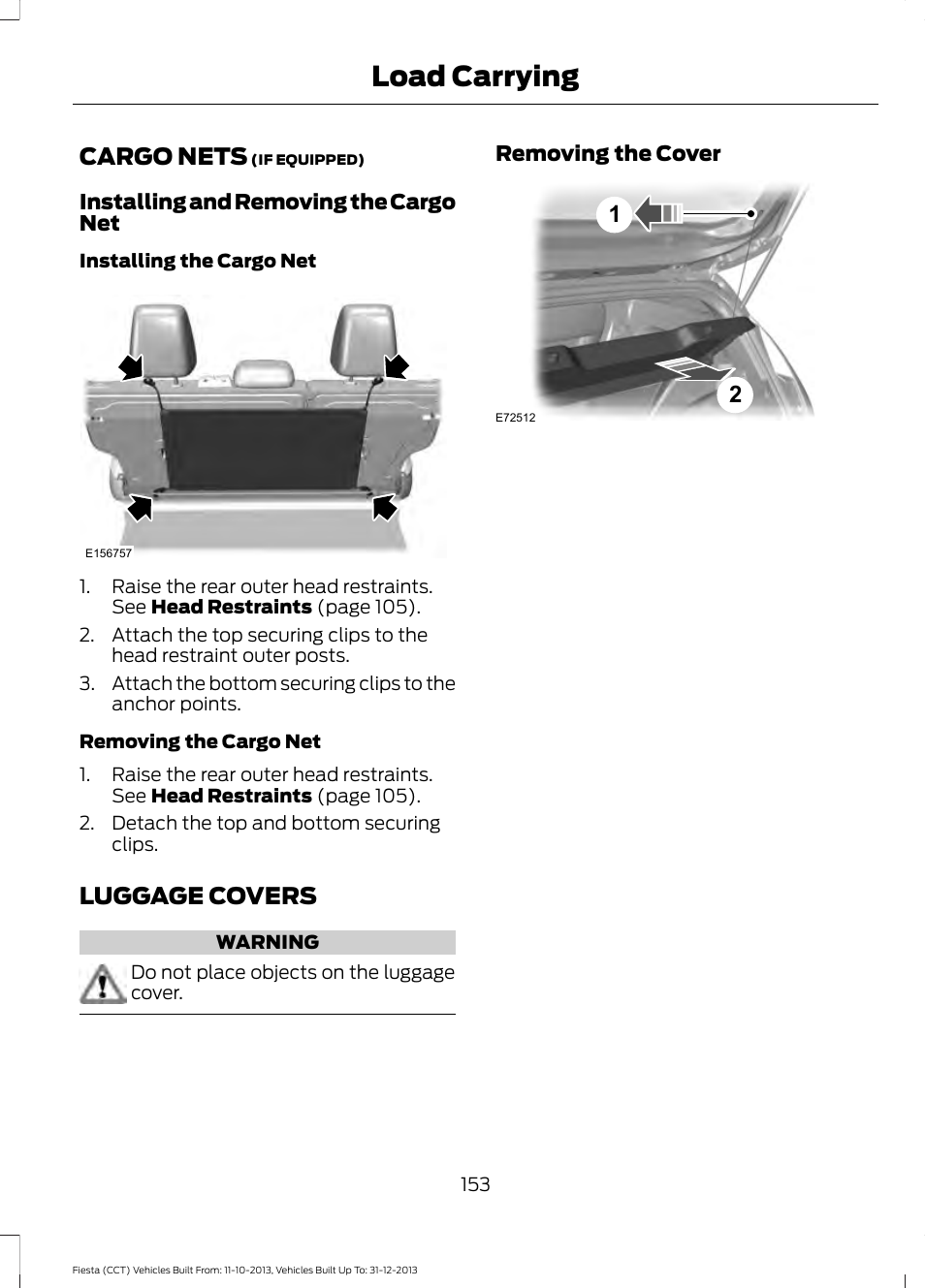 Cargo nets, Luggage covers, Cargo nets luggage covers | Load carrying | FORD 2014 Fiesta v.3 User Manual | Page 156 / 400