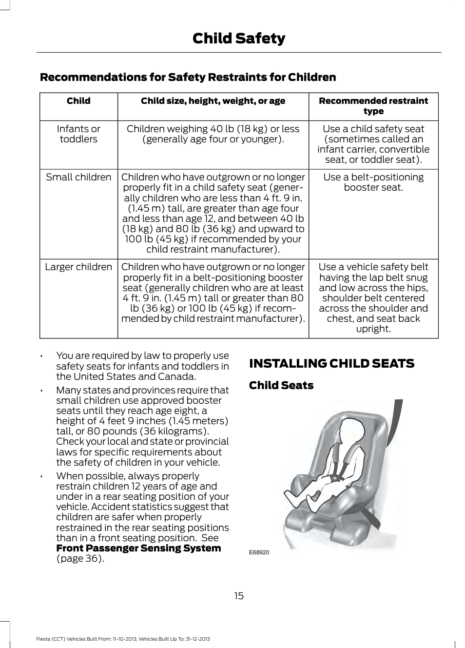 Installing child seats, Child safety | FORD 2014 Fiesta v.3 User Manual | Page 18 / 400