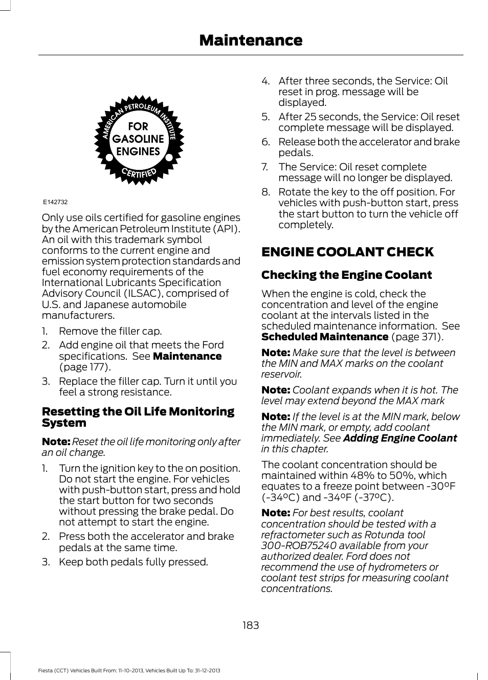 Engine coolant check, Maintenance | FORD 2014 Fiesta v.3 User Manual | Page 186 / 400