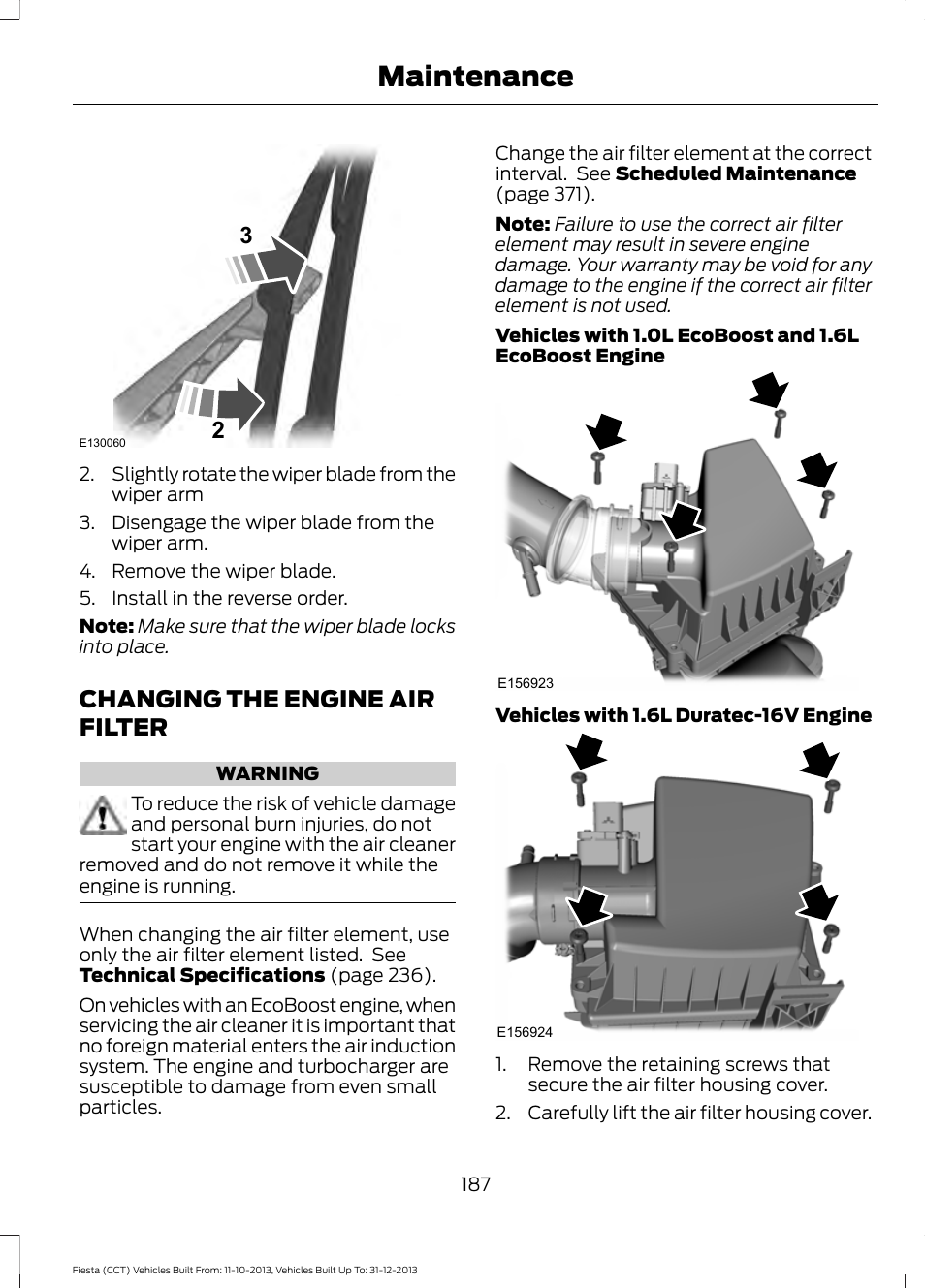 Changing the engine air filter, Maintenance | FORD 2014 Fiesta v.3 User Manual | Page 190 / 400