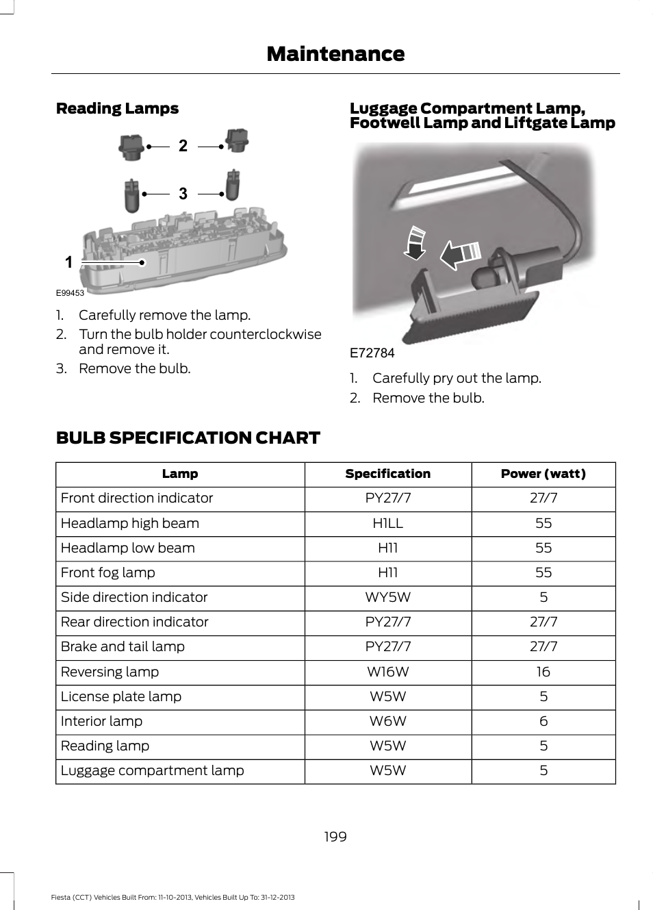 Bulb specification chart, Maintenance | FORD 2014 Fiesta v.3 User Manual | Page 202 / 400