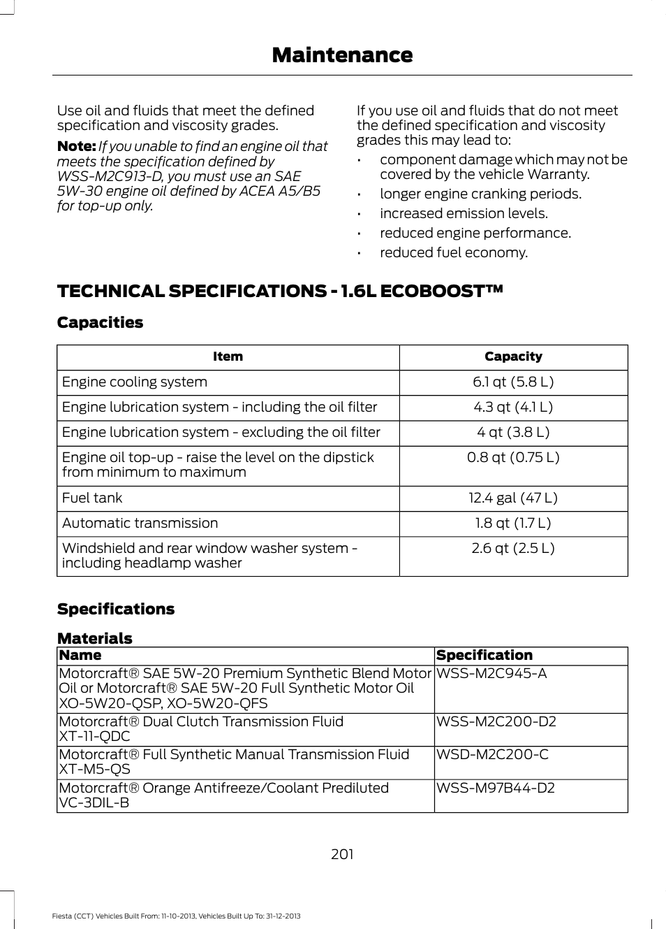 Technical specifications, Technical specifications - 1.6l, Ecoboost | Maintenance, Technical specifications - 1.6l ecoboost | FORD 2014 Fiesta v.3 User Manual | Page 204 / 400