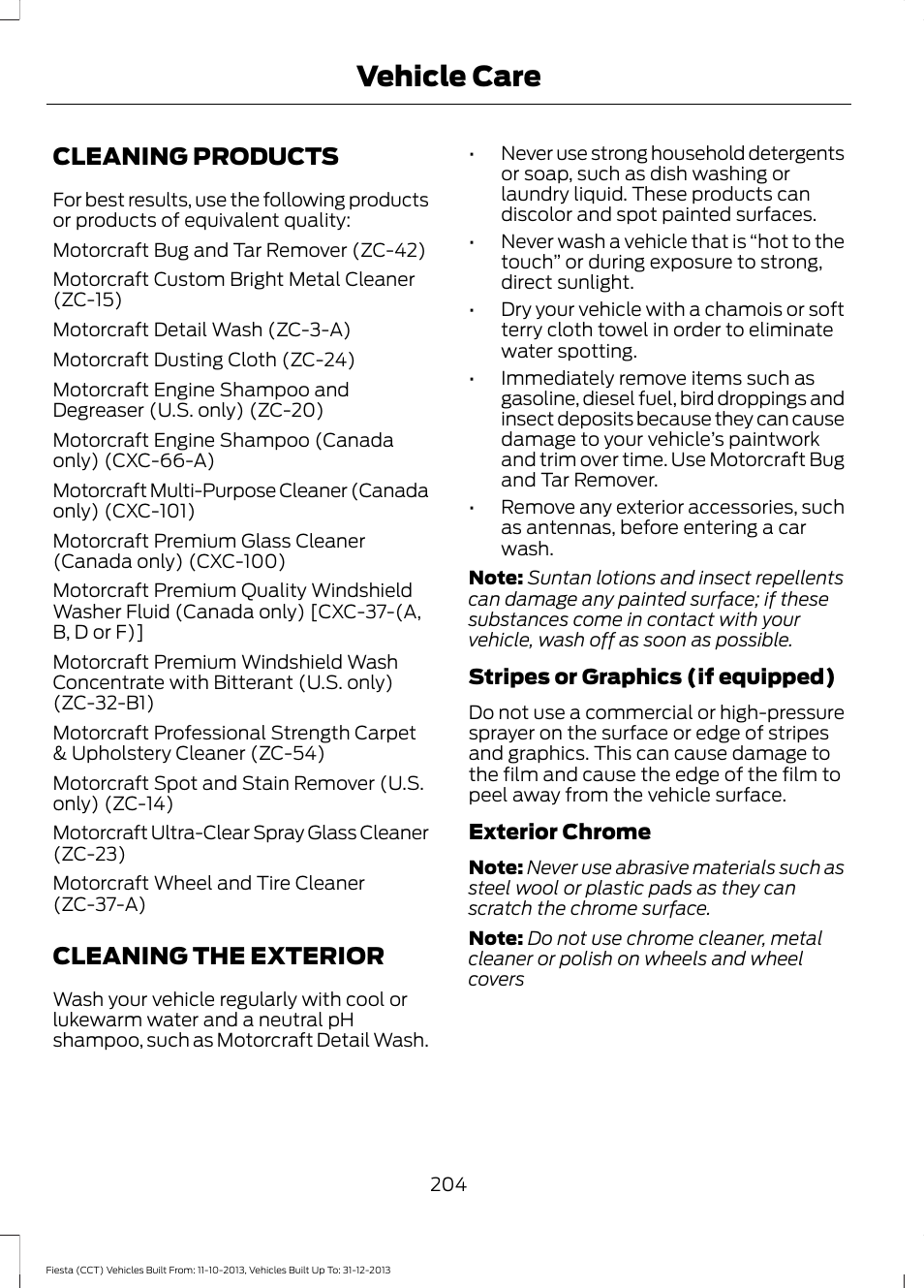Vehicle care, Cleaning products, Cleaning the exterior | Cleaning products cleaning the exterior | FORD 2014 Fiesta v.3 User Manual | Page 207 / 400
