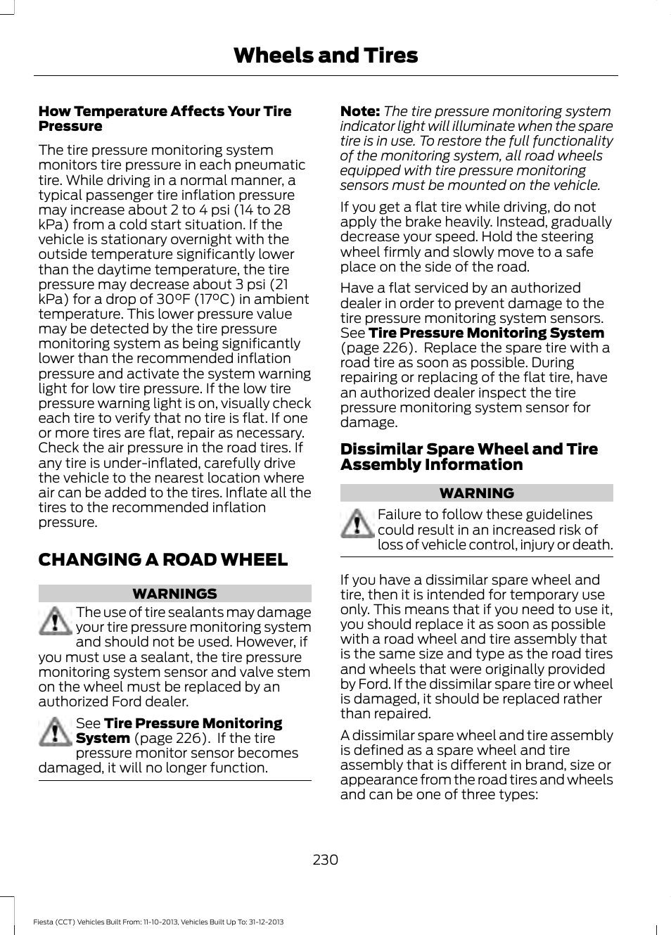 Changing a road wheel, Wheels and tires | FORD 2014 Fiesta v.3 User Manual | Page 233 / 400