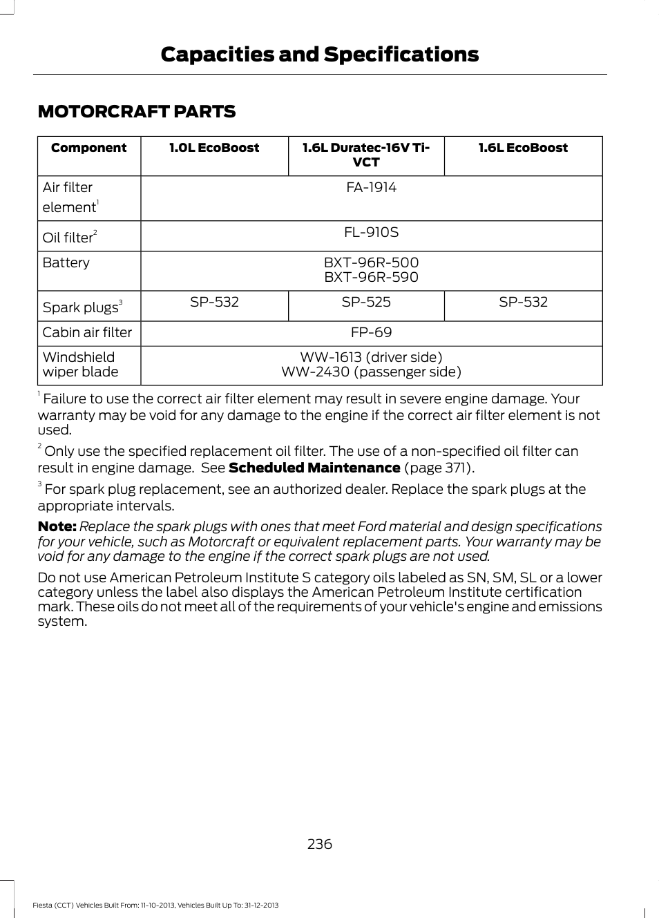 Motorcraft parts, Capacities and specifications | FORD 2014 Fiesta v.3 User Manual | Page 239 / 400